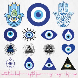 May include: A collection of blue and white eye-shaped and Hamsa hand designs. The designs include various eye shapes, a heart, a triangle, and a teardrop. The text "instant download - digital files - svg - png - dxf - eps" is at the bottom.