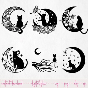 Puede incluir: Una colección de seis diseños de gato negro y luna. Cada diseño presenta una silueta de gato negro sobre una luna creciente, con detalles florales, de estrellas y de mariposas. La frase "instant download - digital files - svg - png - dxf - eps" está en la parte inferior.