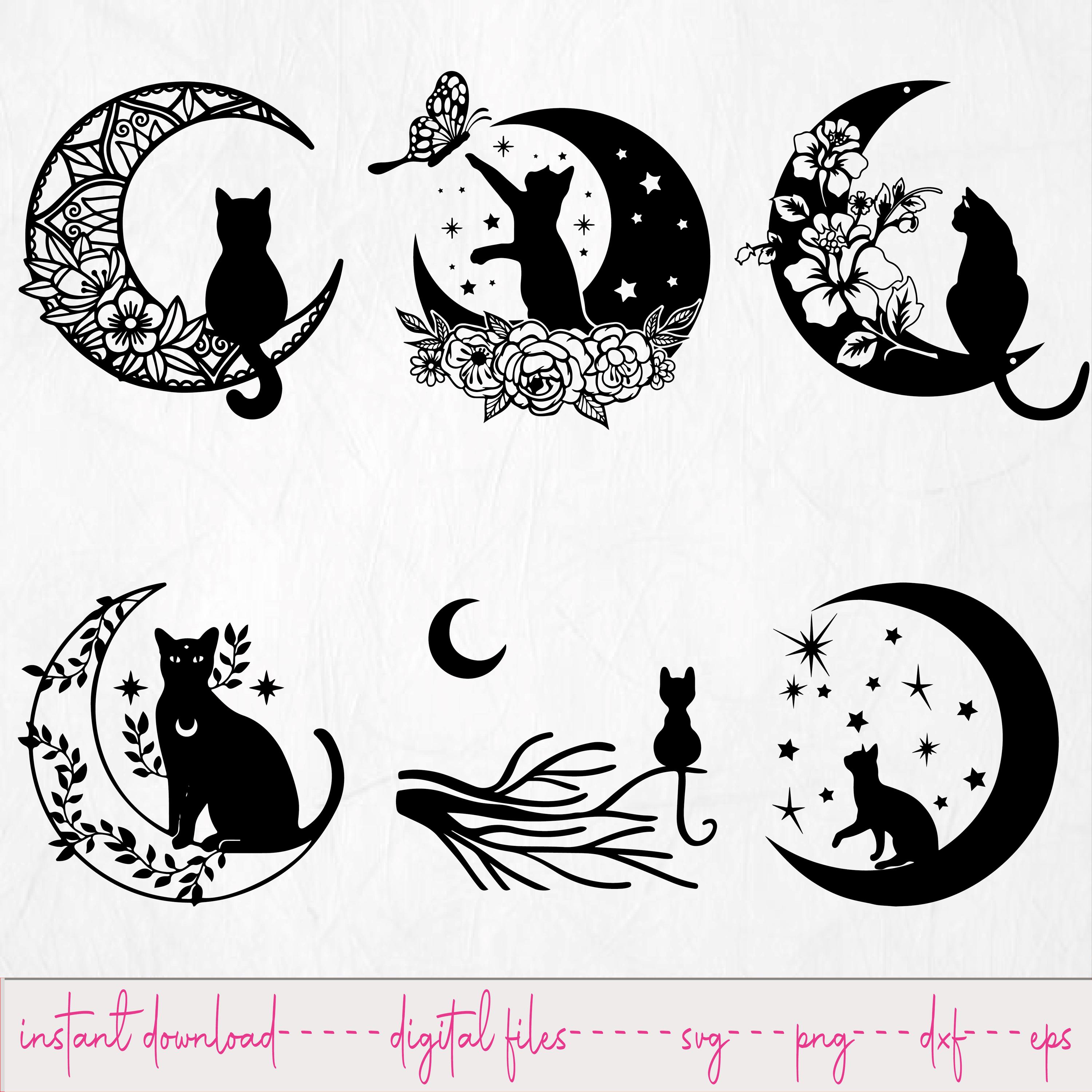 猫と月の満ち欠け SVG バンドル、魔術のイラスト（デジタル