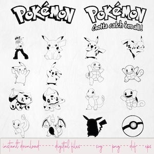 May include: Black and white digital illustrations of various Pokémon characters, including Pikachu, Squirtle, and Charizard. The image also features the Pokémon logo and the phrase "Gotta catch 'em all!"