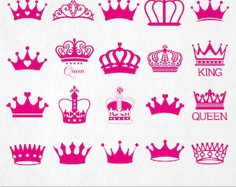May include: A selection of pink crown designs in different styles, including crowns with hearts, crosses, and the words "Queen" and "King." The image also includes the text "instant download - digital files - svg - png - dxf - eps."