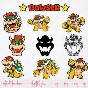 Puede incluir: Una colección de archivos digitales con Bowser de la serie de videojuegos Super Mario. Las imágenes incluyen varias poses de Bowser, una silueta y la palabra "BOWSER" con acentos de estrella. Los archivos están disponibles para descarga instantánea.