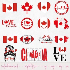 May include: A selection of red and white Canada-themed graphics. Designs include the Canadian flag, maple leaves, hearts, and text that reads "LOVE Canada", "I ❤️ CANADA", "HAPPY CANADA DAY", and "CANADA". The image also includes the text "instant download - digital files".