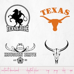 May include: A collection of digital design elements featuring Texas-themed graphics. Includes a silhouette of a cowboy riding a horse, the word "TEXAS" with a longhorn, a cowboy hat design with "HOUSTON DRIVE" and a bull skull. The bottom text reads "instant download".