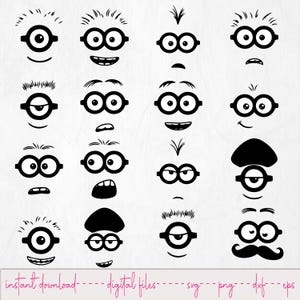 Puede incluir: Una colección de diseños de caras de Minions en blanco y negro con diversas expresiones y peinados. Cada cara presenta gafas redondas y una forma de boca diferente. El texto "instant download - digital files" está en la parte inferior.