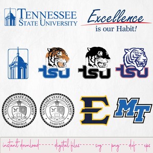 Op de afbeelding: Een verzameling logo's en afbeeldingen van de Tennessee State University. Bevat de universiteitsnaam, een koepelillustratie, tijgerkoplogo's en de zin "Excellence is our Habit!" in blauw en rood.
