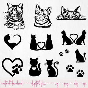 May include: A selection of black and white cat-themed digital designs. The image features various cat illustrations, silhouettes, paw prints, and heart shapes. The text "instant download - digital files - svg - png - dxf - eps" is at the bottom.