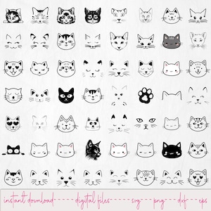 May include: A collection of black and white cat face illustrations in various styles. The image includes full faces, partial faces, and paw prints. Text at the bottom reads "instant download - digital files - svg - png - dxf - eps".