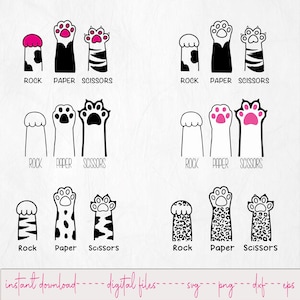 Könnte beinhalten: Eine digitale Grafik mit pfotenförmigen Illustrationen für "Stein, Papier, Schere". Jedes Set hat ein "Stein", "Papier" und "Schere" Design. Die Designs variieren, einige mit rosa Akzenten und Tiermustern. Der Text "sofortiger Download" ist enthalten.