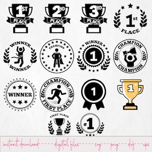 May include: A collection of black and gold trophy and award designs. Includes first, second, and third place trophies, winner's wreaths, champion badges, and a gold trophy with the number one. The image also contains the text "instant download - digital files".