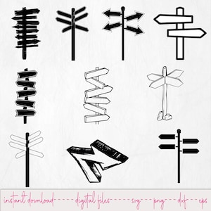 May include: A collection of black and white directional sign illustrations. The signs vary in design, with multiple arrows pointing in different directions. The phrase "instant download - digital files" is at the bottom of the image.