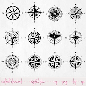 May include: A collection of twelve black and white compass rose designs. Each compass features directional markings (N, S, E, W) and varying decorative elements. The phrase "instant download - digital files" is at the bottom.