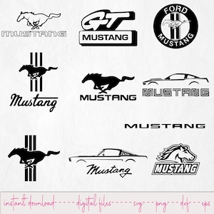 Könnte beinhalten: Eine Sammlung von schwarzen und weißen Mustang-Logos in verschiedenen Designs. Enthält das galoppierende Pferd, GT-Logo und Textvarianten. Der Text "instant download - digital files" befindet sich am unteren Rand.