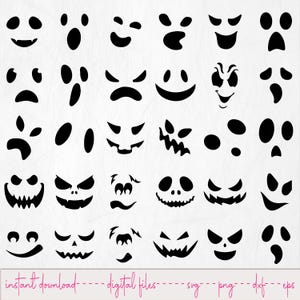 May include: A collection of black ghost face designs with various expressions, including smiles, frowns, and angry faces. The phrase "instant download - digital files - svg - png - dxf - eps" is printed in pink at the bottom of the image.