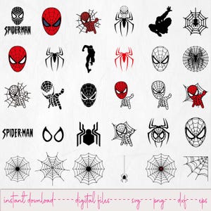 Könnte beinhalten: Eine Sammlung von Spider-Man-Grafiken in Rot, Schwarz und Weiß. Die Designs umfassen Spider-Man-Masken, Spinnennetze und das Wort "SPIDERMAN". Der Satz "instant download - digital files - svg - png - dxf - eps" ist ebenfalls vorhanden.