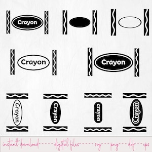 May include: Black and white crayon designs in various orientations. Each design features the word "Crayon" in a white oval, or a black oval shape. The designs are for digital files.