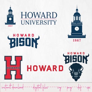 May include: A collection of Howard University logos and graphics in navy blue and red. The designs include the university name, the Bison mascot, and the year 1867. Text at the bottom reads "instant download - digital files - svg - png - dxf - eps."