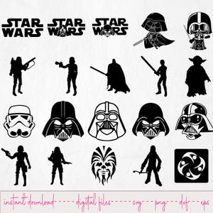 Könnte beinhalten: Eine Sammlung von digitalen Grafiken zum Thema Star Wars in Schwarz und Weiß. Enthält Logos, Charaktersilhouetten wie Darth Vader, Sturmtruppen und Yoda sowie den Text "STAR WARS". Der untere Teil des Bildes lautet "instant download - digital files - svg - png - dxf - eps".