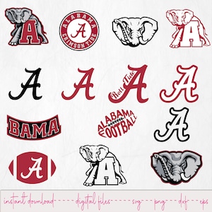 May include: A collection of digital design elements featuring the letter "A" in various styles, along with elephant graphics and the words "Bama" and "Alabama Football". The designs are in red, black, and white.