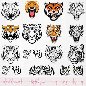 Puede incluir: Una colección de ilustraciones de cabezas de tigre en varios estilos. Algunas son en blanco y negro, otras presentan colores naranja y amarillo. Los diseños incluyen bocas abiertas, patrones de pelaje detallados y expresiones feroces. El texto en la parte inferior dice "instant download - digital files - svg - png - dxf - eps".