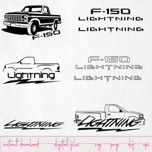 May include: Black and white vector graphics of a Ford F-150 Lightning pickup truck in various styles. Includes the text "F-150 Lightning" and "Lightning". The phrase "instant download - digital files" is also present.