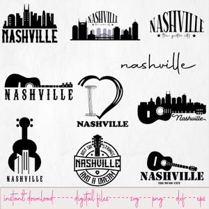May include: A collection of black and white Nashville-themed logos. The designs include city skylines, guitars, and text variations such as "Nashville," "The Music City," and "Just Six Strings and a Dream."