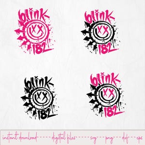 以下が含まれることがあります： 「blink」の文字、数字の「182」、そして「XX」の目を持つスマイリーフェイスをあしらったグラフィックデザインの4つのバリエーション。デザインはピンクと黒で、矢印とスプラッターのディテールが施されています。「instant download - digital files」の文字が下部にあります。