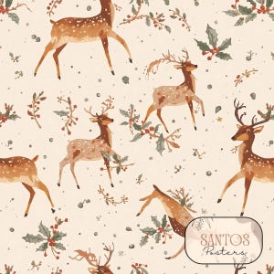 Patrón sin costuras de ciervo navideño, reno navideño de acuarela, papel digital, fondo de clipart de acebo festivo para impresión en tela/uso comercial