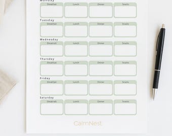 May include: A printable weekly meal planner with a minimalist design. The planner features sections for each day of the week, with spaces for breakfast, lunch, dinner, and snacks. The text "Weekly Meal Plan" is at the top, with "CalmNest" at the bottom.