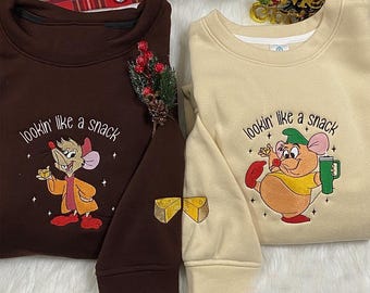 Embroidered Gus and Jaq Lookin Like A Snack Sweatshirt, Matching Mouse Couple Crewneck, Cute Cartoon Embroidery Gift