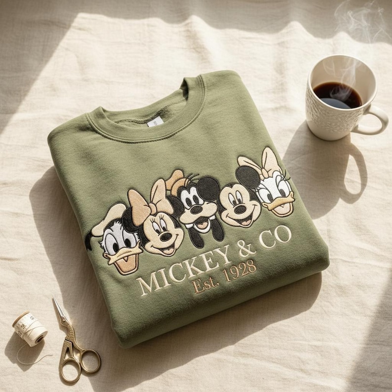 Puede incluir: Sudadera verde oliva con im&aacute;genes bordadas de Mickey Mouse, Minnie Mouse, Goofy y Donald Duck. El texto "MICKEY & CO Est. 1928" est&aacute; bordado debajo. Una taza de caf&eacute;, tijeras e hilo tambi&eacute;n est&aacute;n en la imagen.