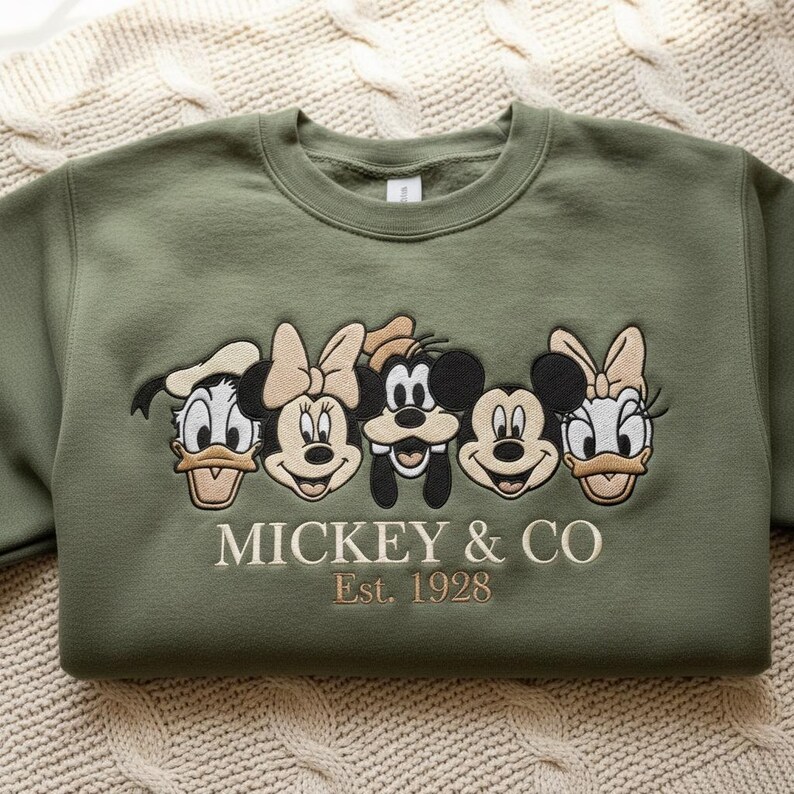 Puede incluir: Sudadera verde oliva con bordados de personajes de Disney: Pato Donald, Minnie Mouse, Mickey Mouse, Goofy y Daisy. El texto "MICKEY & CO Est. 1928" est&aacute; bordado debajo. La sudadera est&aacute; doblada sobre una superficie de punto crema.
