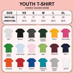 May include: A chart displaying a variety of youth t-shirt colors, including ash, black, dark heather, forest green, gold, and heliconia. The chart also shows the width and length measurements in inches for sizes XS to XL.
