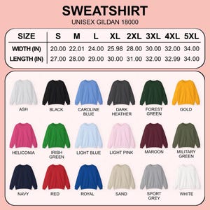 Puede incluir: Imagen de una gama de sudaderas unisex Gildan 18000 en varios colores, como ceniza, negro y azul marino. Se incluye una tabla de tallas con medidas en pulgadas, y sus equivalentes en cm, para ancho y largo, desde la talla S hasta la 5XL.