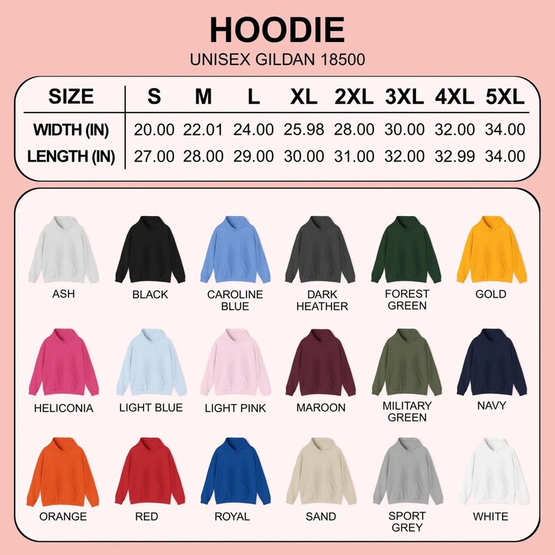 May include: Image of a range of unisex hoodies in colours like black, blue, and green. A size chart shows measurements in inches, from S to 5XL. The image includes the text "HOODIE" and "UNISEX GILDAN 18500". Width measurements range from 50.8 cm to 86.36 cm.