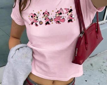 Minnie Witch Baby Tee Y2K, Pink Minnie Fantasia Shirt, Cute Cartoon Mouse Crop Top, Disney Trip Outfit, Gift for Her