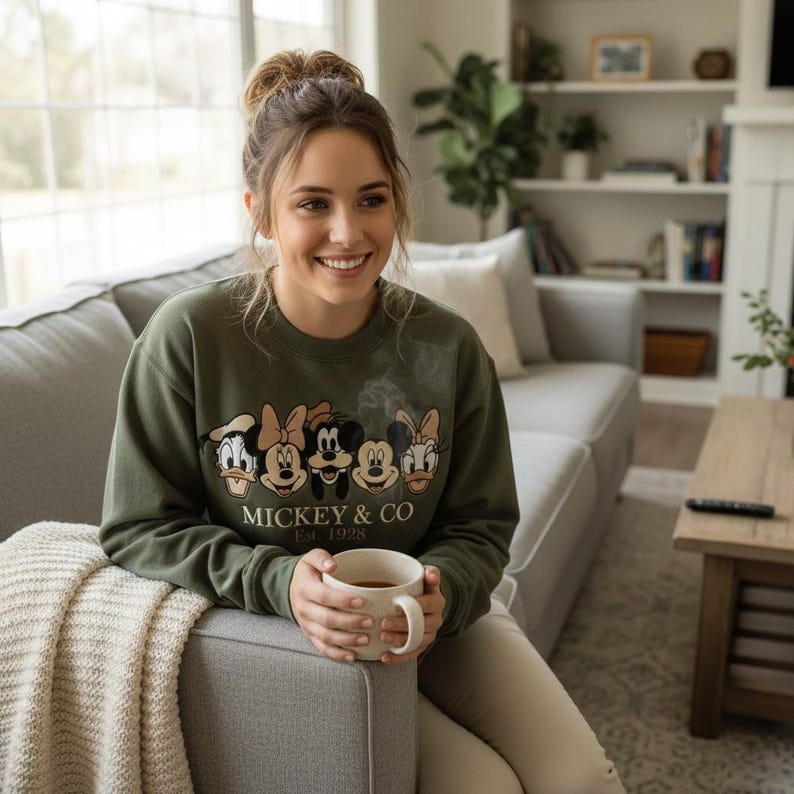 Puede incluir: Sudadera verde oliva con Mickey Mouse, Minnie Mouse, Donald y Daisy. El texto "Mickey & Co Est. 1928" est&aacute; impreso. La persona sostiene una taza beige.