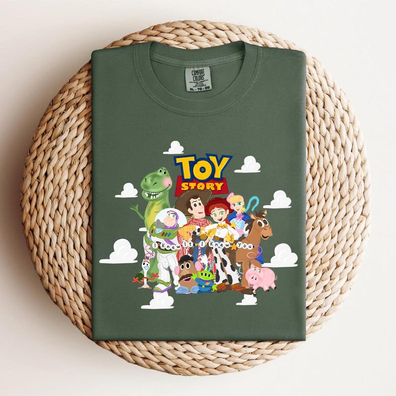 Pu&ograve; includere: Una t-shirt verde oliva a girocollo con una grafica colorata dei personaggi di Toy Story, tra cui Woody, Buzz Lightyear, Jessie e Rex. Il testo Toy Story e I Knew It I Knew You &egrave; stampato sopra e tra i personaggi con nuvole bianche.