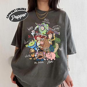 May include: A charcoal gray t-shirt featuring a graphic print of Toy Story characters including Buzz Lightyear, Woody, Jessie, Bullseye, Rex, Slinky Dog, Mr. Potato Head, Hamm, Forky, and an Alien, with character names written in white script text.