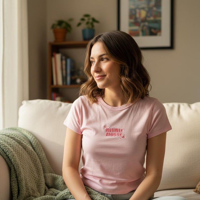 May include: A light pink t-shirt with the text "MINNIE MOUSE" in a pink, stylized font. The shirt has a crew neck and short sleeves. The image is taken indoors.