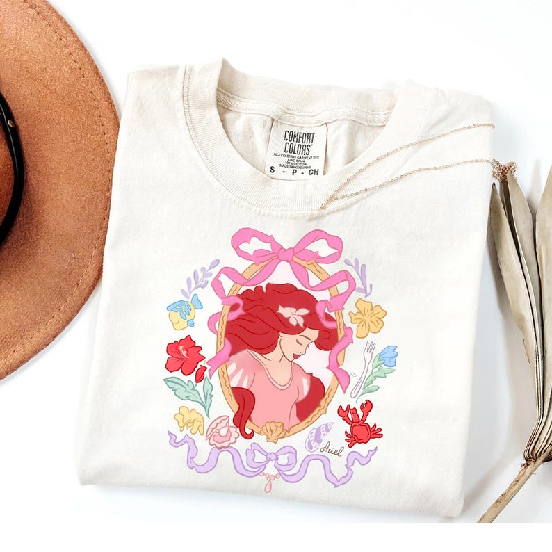Comfort Colors® Disney Princess Ariel Shirt, Little Mermaid Princess Tee, Floral Bow Aesthetic Pullover, Retro Disney Princess Lover Gift image 1