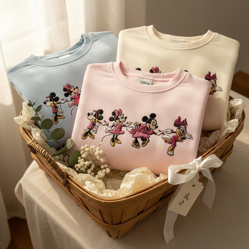 May include: Three pastel-colored sweatshirts in a woven basket. Each sweatshirt is embroidered with a Minnie Mouse design. The sweatshirts are light blue, pink, and cream. A tag that says "For You" is attached to the basket with a white ribbon.