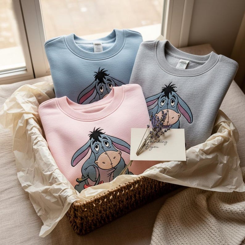 May include: Three crewneck sweatshirts in pastel shades of blue, pink, and grey, each with a cartoon donkey design. They are presented in a woven basket with lavender sprigs and a card that says "thinking of you".