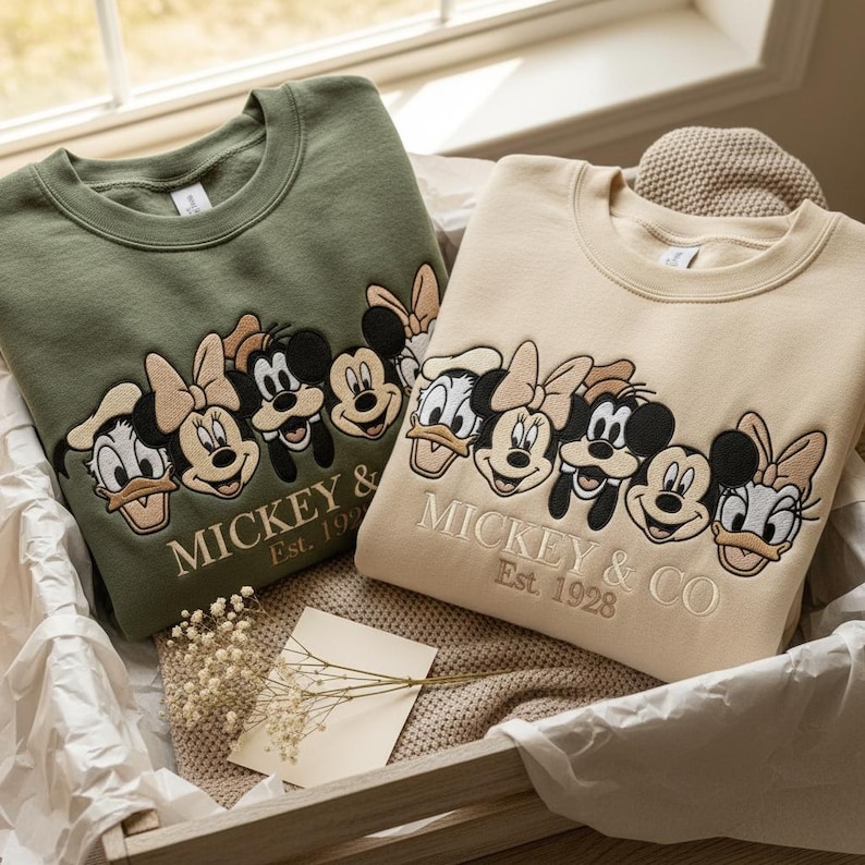 Puede incluir: Dos sudaderas de cuello redondo, una verde oliva y otra beige, con bordados de personajes de Disney. El dise&ntilde;o incluye Mickey Mouse, Minnie Mouse, Donald Duck y Daisy Duck, con el texto "Mickey & Co. Est. 1928".
