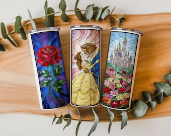 Princess Enchanted Rose and Castle Stained Glass Tumbler Wraps | 20oz & 30oz PNG | Straight + Tapered |