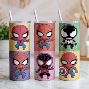 May include: Six stainless steel tumblers with Spiderman character designs. Each tumbler features a different Spiderman character illustration, including Venom and Miles Morales. The tumblers have a straw and are in various colors.