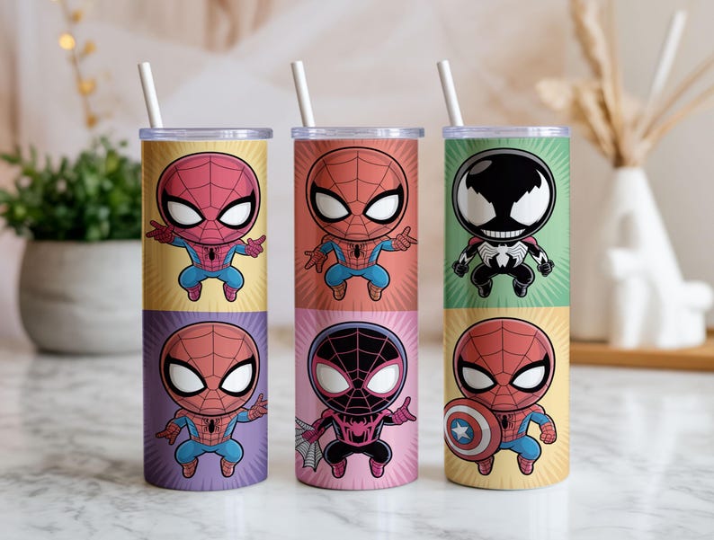 May include: Six stainless steel tumblers with Spiderman character designs. Each tumbler features a different Spiderman character illustration, including Venom and Miles Morales. The tumblers have a straw and are in various colors.
