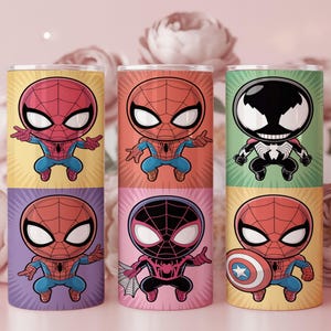 May include: Six colorful insulated tumblers featuring cartoon Spider-Man characters. Each tumbler has a different background color, including yellow, orange, green, purple, pink, and yellow. The Spider-Man characters are in various poses.