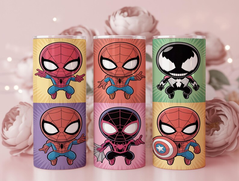 May include: Six colorful insulated tumblers featuring cartoon Spider-Man characters. Each tumbler has a different background color, including yellow, orange, green, purple, pink, and yellow. The Spider-Man characters are in various poses.