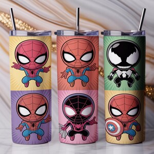 May include: Set of six stainless steel insulated tumblers featuring cartoon Spider-Man characters. Each tumbler has a different design, including Spider-Man, Venom, and Miles Morales. The tumblers have a straw and a lid.
